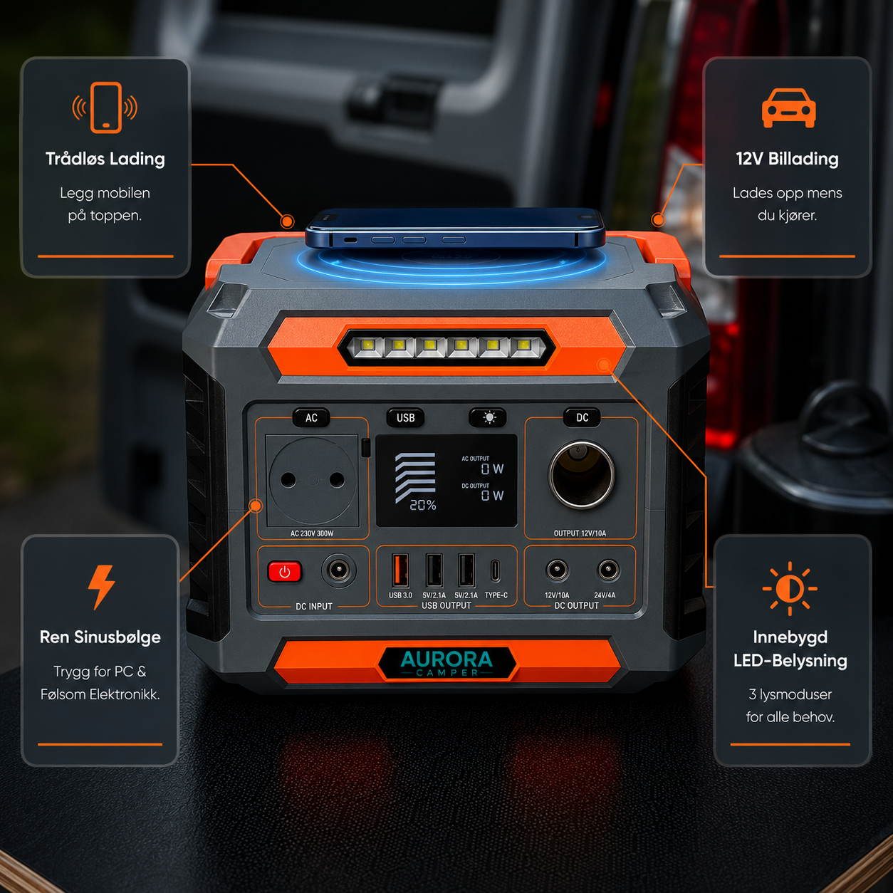 Aurora Portable Power Station 300W | Bærbar Strømforsyning til Campervan